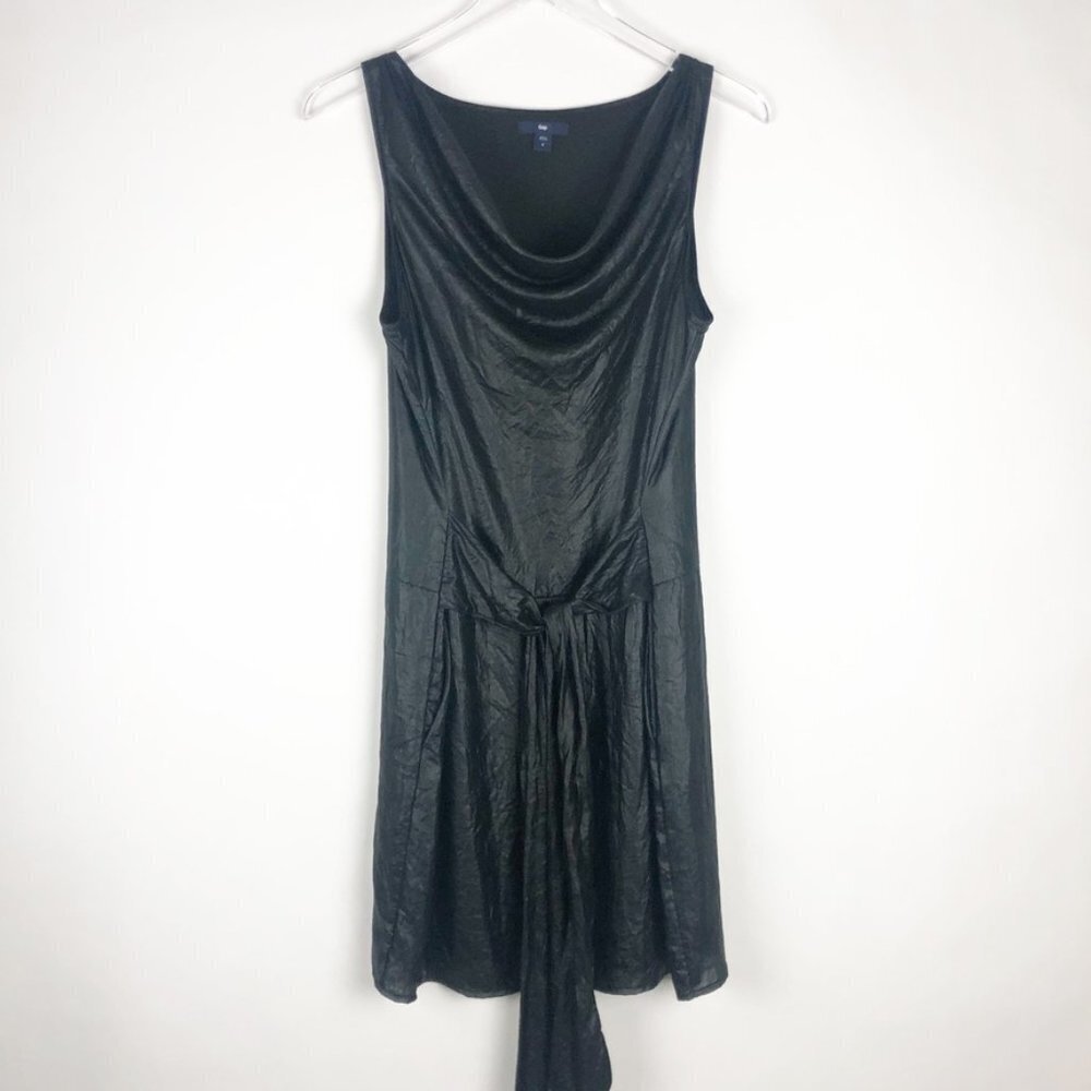 Gap Dress Women's 8 Black Crinkle Sleeveless Drape-Front Belted Mini Pockets
